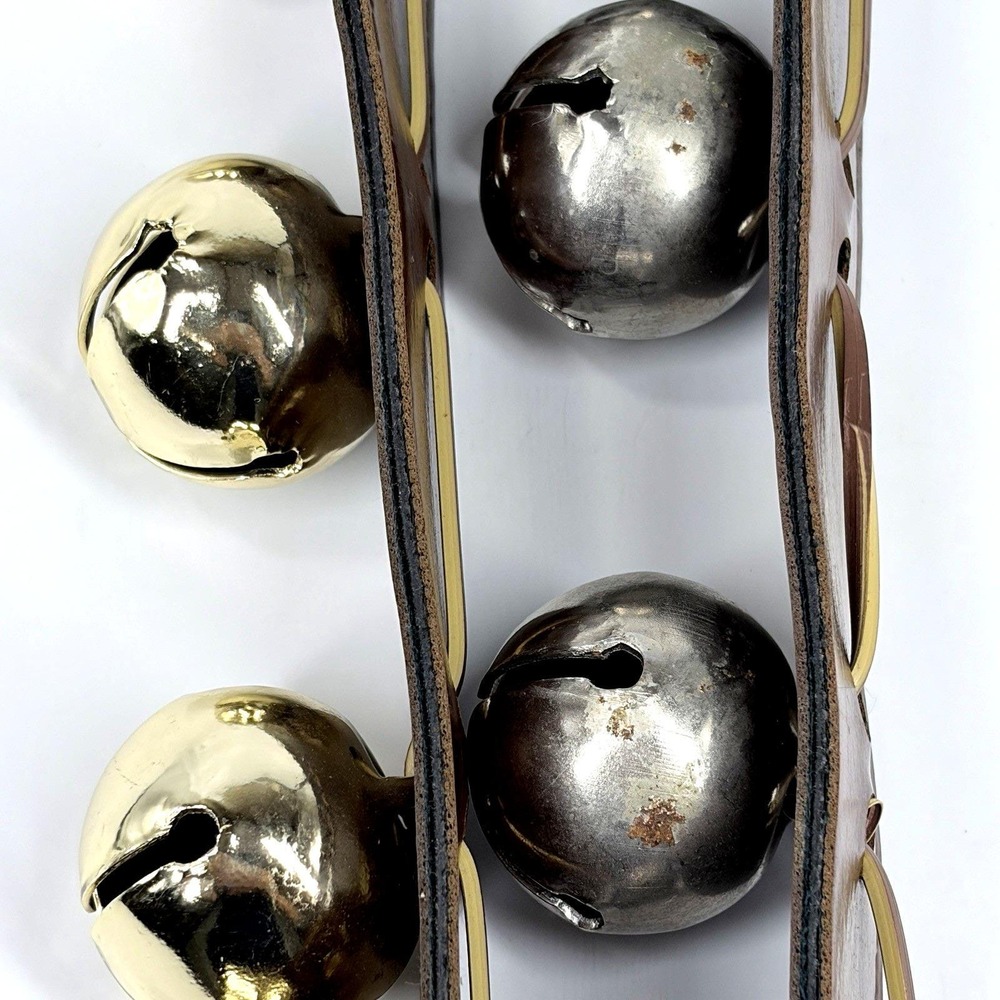 Vintage Sleigh Bells Brown Leather Straps Gold Silver Jingle Bells 2pk - Picture 8 of 10